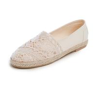Feversole Women's Close Toe Espadrilles Women's Comfort Breathable Slip On Flats Shoes Beige Canvas with Knit Crochet Jute Size 6.5