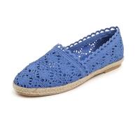 Feversole Women's Close Toe Espadrilles Women's Comfort Breathable Slip On Flats Shoes Blue Knit Crochet Jute Size 6.5
