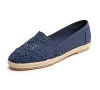 Feversole Women's Close Toe Espadrilles Women's Comfort Breathable Slip On Flats Shoes Navy Canvas with Knit Crochet Jute Size 6.5