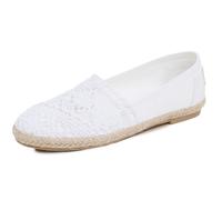 Feversole Women's Close Toe Espadrilles Women's Comfort Breathable Slip On Flats Shoes White Canvas with Knit Crochet Jute Size 6.5