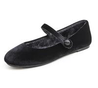 Feversole Women's Comfort Ballet Flats Strap Comfort Casual Mary Jane Shoes Black Velvet Fur Lined Patent UK Size 6.5