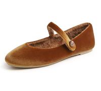 Feversole Women's Comfort Ballet Flats Strap Comfort Casual Mary Jane Shoes Camel Velvet Fur Lined Patent UK Size 6