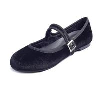 Feversole Women's Comfort Ballet Flats Strap Comfort Casual Mary Jane Shoes Cozy Warm Black Velvet Mary Jane with Short Plush UK Size 3.5