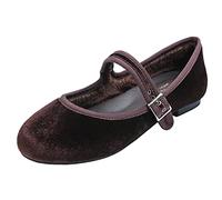 Feversole Women's Comfort Ballet Flats Strap Comfort Casual Mary Jane Shoes Cozy Warm Chocolate Velvet Mary Jane with Short Plush UK Size 3.5