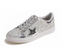 Feversole Women's Fashion Lace Up Dress Sneakers Sparkly Party Shiny Shoe Ice Silver Star Glitter UK 4.5