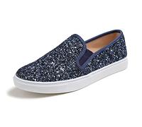 Feversole Women's Fashion Slip-On Trainer Casual Flat Loafers，Skater Pumps Trainers Sneakers Shoes Night Blue Glitter Size 6.5