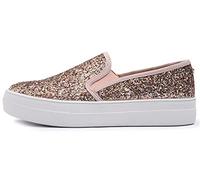 Feversole Women's Fashion Slip-On Trainer Casual Flat Loafers Skater Pumps Trainers Sneakers Shoes Pink Gold Glitter Size 6