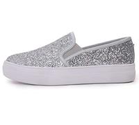 Feversole Women's Fashion Slip-On Trainer Casual Flat Loafers Skater Pumps Trainers Sneakers Shoes Silver Glitter Size 7