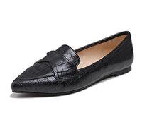 Feversole Women's Loafer Flat Pointed Fashion Slip On Comfort Driving Office Shoes Black Croc Plain Twist Bow Size 6.5