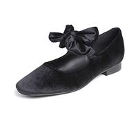 Feversole Women's Mary Jane Fashion Square Toe Square Toe Easy Buckle Low Heel Slip On Flats Black Velvet Bow Tie Size 6 UK
