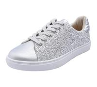 Feversole Women's Shiny Featured PU Leather Tonal Colorful Lace-Up Fashion Trainer Shiny Ice Silver Glitter Size 7