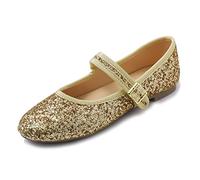 Feversole Women's Shiny Mary Jane Memory Foam Cushioned Comfort Round Toe Metal Buckle Flats Walking Shoes Gold Glitter Size UK 7