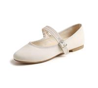 Feversole Women's Soft Breathable Mary Jane Memory Foam Cushioned Comfort Round Toe Metal Buckle Flats Walking Shoes Biege Canvas Size UK 3.5