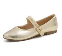 Feversole Women's Soft Breathable Mary Jane Memory Foam Cushioned Comfort Round Toe Metal Buckle Flats Walking Shoes Gold Napa Size UK 3.5