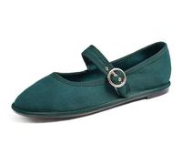 Feversole Women's Soft Breathable Mary Jane Memory Foam Cushioned Comfort Round Toe Metal Buckle Flats Walking Shoes All Black Green Canvas Size UK 8