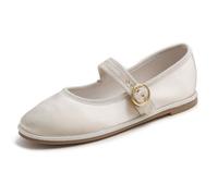 Feversole Women's Soft Breathable Mary Jane Memory Foam Cushioned Comfort Round Toe Metal Buckle Flats Walking Shoes Beige Satin Size UK 5