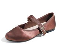 Feversole Women's Soft Breathable Mary Jane Memory Foam Cushioned Comfort Round Toe Metal Buckle Flats Walking Shoes Brown Satin Size UK 4