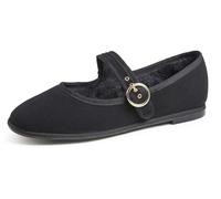 Feversole Women's Soft Breathable Mary Jane Memory Foam Cushioned Comfort Round Toe Metal Buckle Flats Walking Shoes Black Corduroy Fur Lined Size UK 4