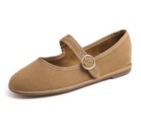 Feversole Women's Soft Breathable Mary Jane Memory Foam Cushioned Comfort Round Toe Metal Buckle Flats Walking Shoes Camel Corduroy Size UK 5