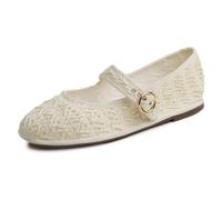 Feversole Women's Soft Breathable Mary Jane Memory Foam Cushioned Comfort Round Toe Metal Buckle Flats Walking Shoes Cream Raffia Size UK 3.5