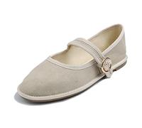 Feversole Women's Soft Breathable Mary Jane Memory Foam Cushioned Comfort Round Toe Metal Buckle Flats Walking Shoes Dark Beige Canvas Size UK 4
