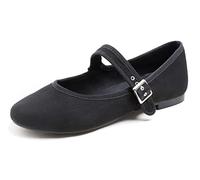 Feversole Women's Soft Breathable Mary Jane Memory Foam Cushioned Comfort Round Toe Metal Buckle Flats Walking Shoes Black Suede Size UK 3.5