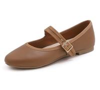 Feversole Women's Soft Breathable Mary Jane Memory Foam Cushioned Comfort Round Toe Metal Buckle Flats Walking Shoes Camel Napa Size UK 4.5