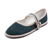 Feversole Women's Soft Breathable Mary Jane Memory Foam Cushioned Comfort Round Toe Metal Buckle Flats Walking Shoes Dark Green Canvas Size UK 5