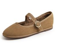 Feversole Women's Soft Breathable Mary Jane Memory Foam Cushioned Comfort Round Toe Metal Buckle Flats Walking Shoes Camel Corduroy Fur Lined Size UK 7