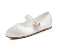Feversole Women's Soft Breathable Mary Jane Memory Foam Cushioned Comfort Round Toe Metal Buckle Flats Walking Shoes White Satin Size UK 7