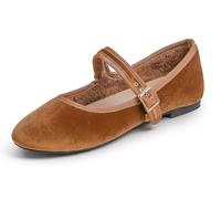 Feversole Women's Soft Cushion Extra Padded Comfort Round Toe Mary Jane Metal Buckle Fashion Ballet Flats Walking Shoes Camel Velvet Short Plush Lining UK Size 5
