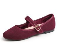 Feversole Women's Soft Cushion Extra Padded Comfort Round Toe Mary Jane Metal Buckle Fashion Ballet Flats Walking Shoes Burgundy Corduroy Short Plush Lining UK Size 5.5