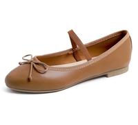 Feversole Women's Soft Cushion Padded Comfort Round Toe Mary Jane Elastic Fashion Ballet Flats Walking Shoes Camel Vegan Leather with Canvas Lining 7 UK