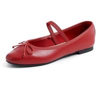 Feversole Women's Soft Cushion Padded Comfort Round Toe Mary Jane Elastic Fashion Ballet Flats Walking Shoes Red Vegan Leather with Canvas Lining 6.5 UK