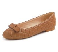 Feversole Women's Square Toe Fashion Bow Tie Dress Slip On Ballet Flats Camel Quilted Vegan Leather Size 7 UK