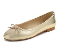 Feversole Women's Square Toe Fashion Bow Tie Dress Slip On Ballet Flats Gold Plain Toe Cap Size 5 UK