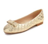 Feversole Women's Square Toe Fashion Bow Tie Dress Slip On Ballet Flats Gold Quilted Vegan Leather Size 7 UK