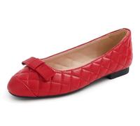 Feversole Women's Square Toe Fashion Bow Tie Dress Slip On Ballet Flats Red Quilted Vegan Leather Size 4.5 UK