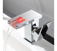 FEWDSCA Bathroom Sink Tap Led Waterfall Bathroom Basin Faucet, Single Handle Cold Hot Water Mixer Sink Tap, Color Change Powered by Water Flow/Chrome