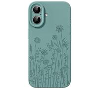 FEWGEY Liquid Silicone Case for iPhone 16 Compatible with Magsafe, Fall Engraved Floral Design Shock Proof Heavy-Duty Protection Hard Phone Case for Women Girls, Midnight Green