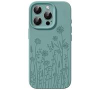 FEWGEY Liquid Silicone Case for iPhone 16 Pro Max Compatible with Magsafe, Fall Engraved Floral Design Shock Proof Heavy-Duty Protection Hard Phone Case for Women Girls, Midnight Green