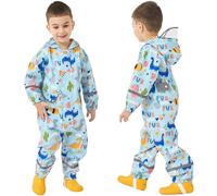 Fewlby Kids Puddle Suit All in One Waterproof Suit, Boys Rain Suit Waterproof Overalls Blue Dinosaur Muddy Suit Girls One Piece Raincoat Hoodie Rainwear, 1-3 Years S Size