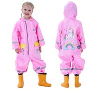 Fewlby Kids Puddle Suit Girls Rain Suit - Muddy Suit All in One Waterproof Overall Toddler Hooded Raincoat Cartoon Unicorn Rainwear, 8-10 Years XXL Size