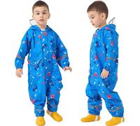 Fewlby Kids Rain Suit, All in One Waterproof Suit Boys Girls Waterproof Overalls Blue Fish Muddy Suit One Piece Raincoat Hoodie Rainwear, 7-9 Years XL Size