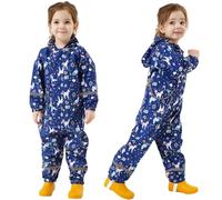 Fewlby Puddle Suit Girls Rain Suit, Waterproof Suit Kids All in One Waterproof Overalls Rainsuit Blue Unicorn Muddy Suit One Piece Raincoat Hoodie Rainwear, 1-3 Years S Size