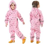 Fewlby Puddle Suit Girls Waterproof Suit, Kids Rain Suit All in One Waterproof Overalls Rainsuit Pink Dinosaur Muddy Suit One Piece Raincoat Hoodie Rainwear, 7-9 Years XL Size