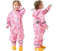 Fewlby Puddle Suit Waterproof Suit Kids, All in One Waterproof Overalls Girls Rain Suit Pink Unicorn Muddy Suit One Piece Raincoat Hoodie Rainwear, 7-9 Years XL Size