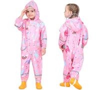 Fewlby Rain Suit Kids Puddle Suit, Boys Girls Waterproof Suit Toddler All in One Waterproof Overall Muddy Suit Cartoon Rainbow Raincoat Rain Wear, M Size 2-5 Years