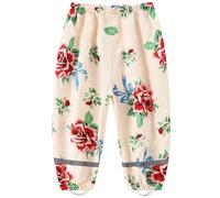 Fewlby Rain Trousers Kids Waterproof Trousers, Girls Mud Proof Pants with Reflective Strips Lightweight Cartoon Flower Rain Wear for Outdoor Play, XXL Size 10-11 Years Beige