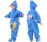 Fewlby Toddler Kids Boys Girls One Piece Rainsuit Raincoat Waterproof Hoodie Coveralls Cute Cartoon Shark Rain Jacket 3-4 years S Size